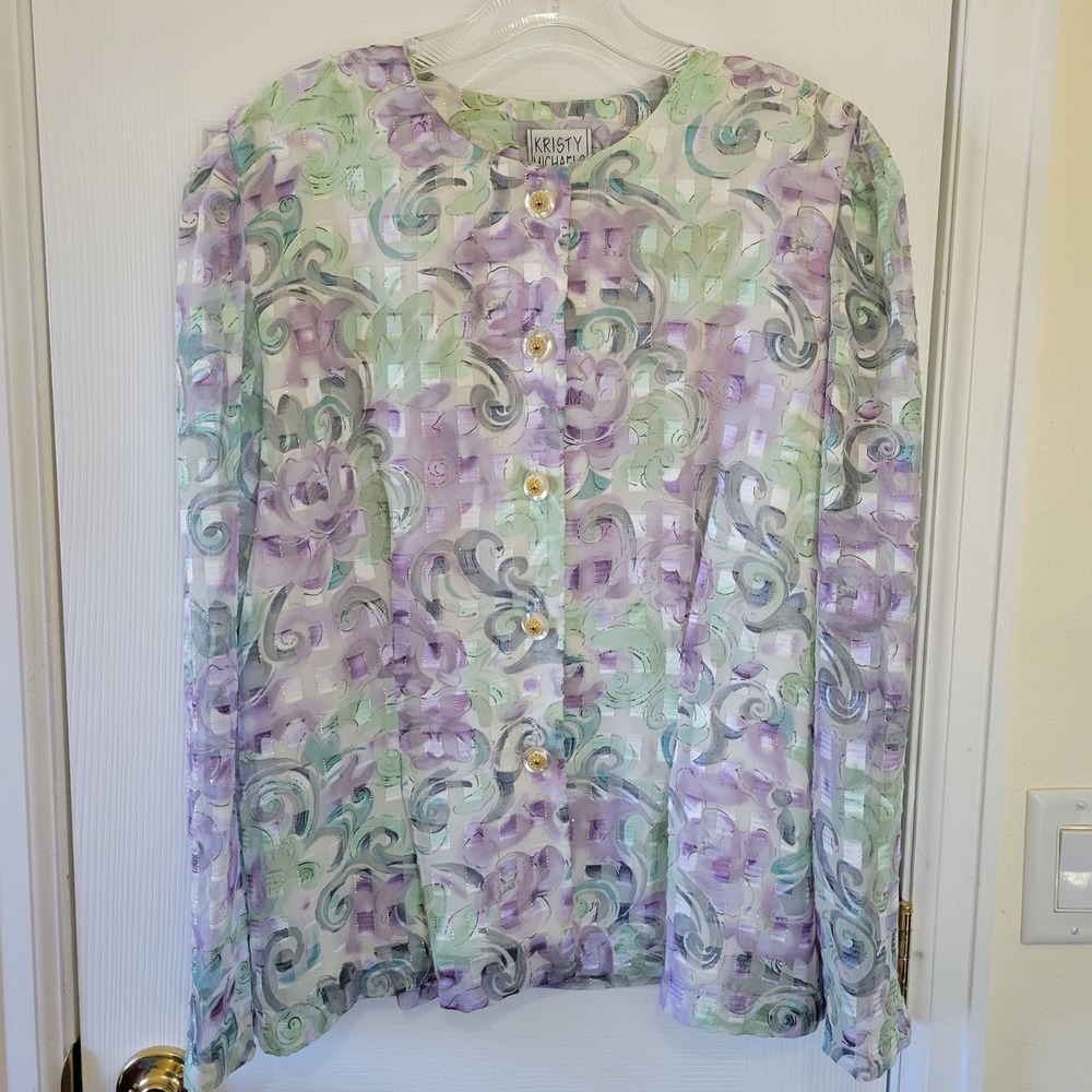 Vintage Kristy Michaels Floral Blouse Pastel Purple Green Metallic Shimmer Sz 14